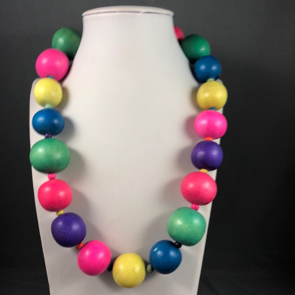 Vintage Punk Neon Rainbow Wood Bead Necklace NOS